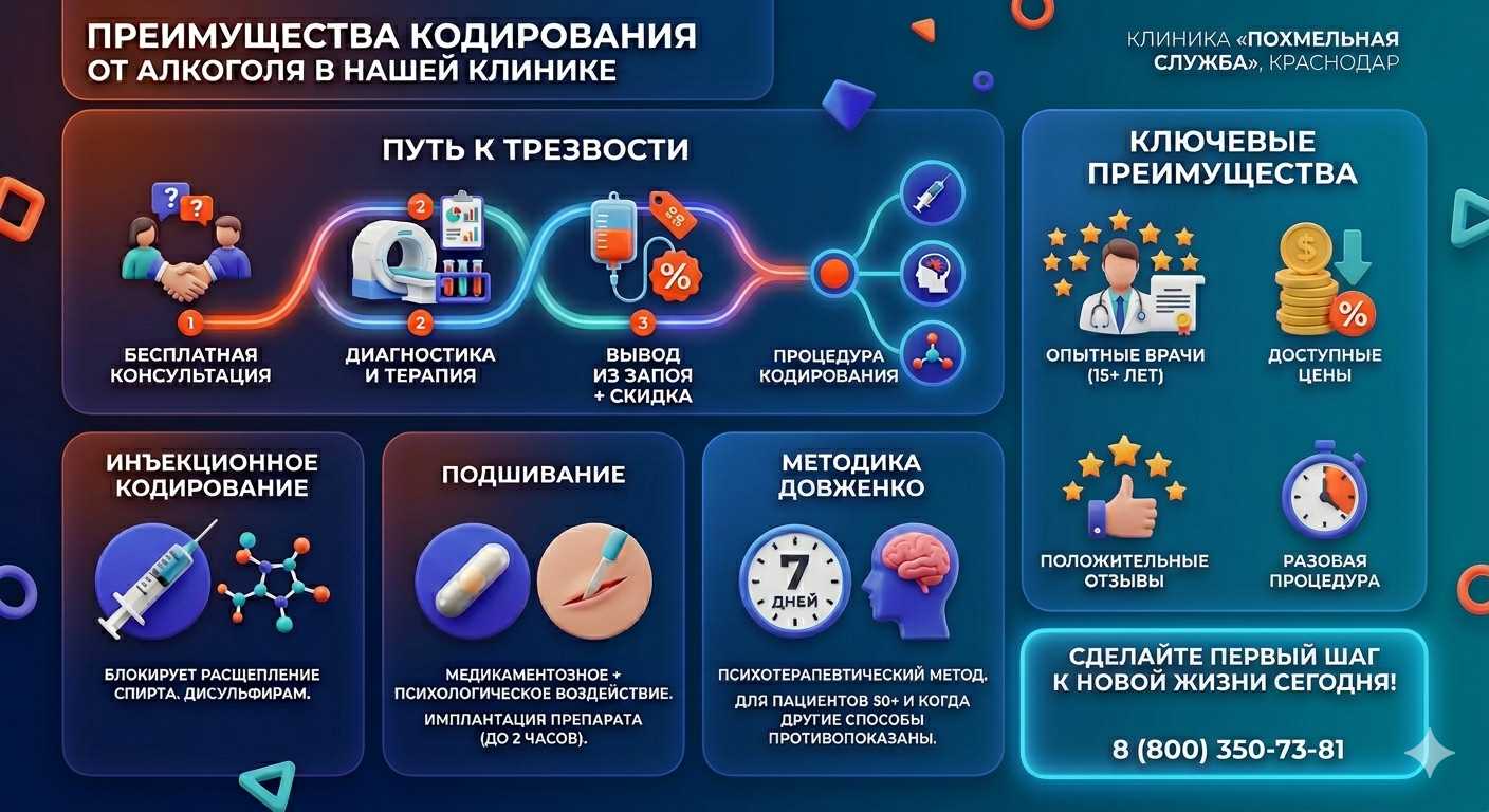 Инфографика о методах кодирования от алкоголя в Голышманово: инъекции, подшивание, метод Довженко. Преимущества клиники и этапы лечения.