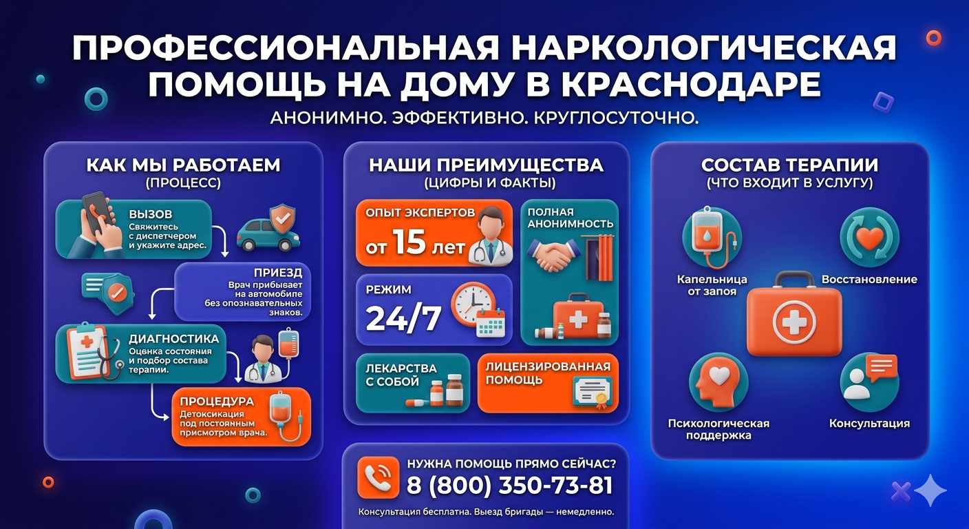 Инфографика о принципах лечения алкоголизма на дому в Голышманово: этапы вызова нарколога, преимущества анонимной детоксикации и состав медицинской помощи.
